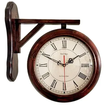 Римские скандинавские настенные часы Твердые деревянные двухсторонние настенные часы Домашний декор Украшение гостиной Беззвучное движение Кухонные часы Подарок