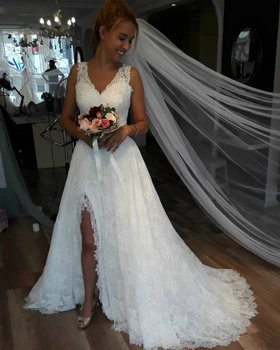 Сексуальное простое пляжное свадебное платье с V-образным вырезом и кружевным платьем невесты больших размеров Vestidos De Novia 2023