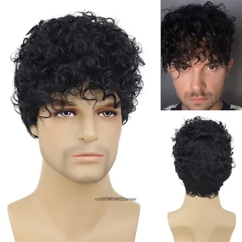 Синтетический Jet Black Curl Wig для мужчин Короткие вьющиеся волосы Натуральные прически Мягкий мужской модный парик с челкой Мужчина Пари Папа Парик