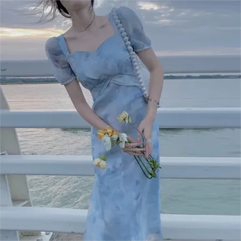 Французская юбка с квадратным воротником и цветочным перерывом на чай для женщин Лето Новое изящное платье из шифона с пышными рукавами и талией