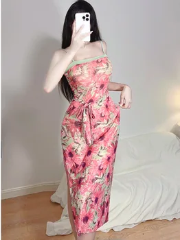 Цветочное платье в китайском стиле для женщин Летнее длинное платье Ночной клуб Розовый цветок Камзол Сладкая мода Женские топы 2023 E8ZE