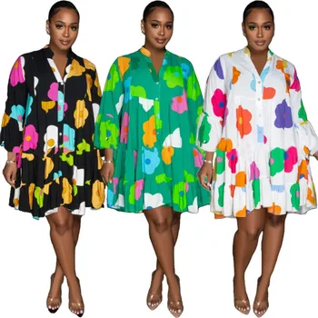 Цветочное платье-рубашка с оборками 2023 Женщины Элегантные сексуальные модные блузки Летний наряд Повседневные платья с цветочным принтом Losse Vestidos Robe
