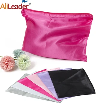  Черно-розовый атласный мешок Сумки на молнии Изготовленная на заказ упаковка с собственным логотипом Атласный мешок Упаковочные пакеты с логотипом Изготовленный на заказ атласный парик Сумка на молнии