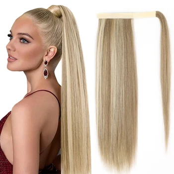 Я парик Синтетический длинный прямой хвост с обертыванием вокруг зажима для наращивания волос для женщин натуральный микс блондинка пони шиньон