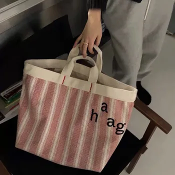 корейский стиль литературный полосатый холст большая емкость сумка пикник обед покупки большая сумка