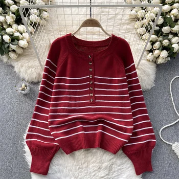 корейский тонкий короткий полосатый трикотажный свитер женский пуловер топы весна новый круглый вырез с длинным рукавом женский трикотаж красный белый черный
