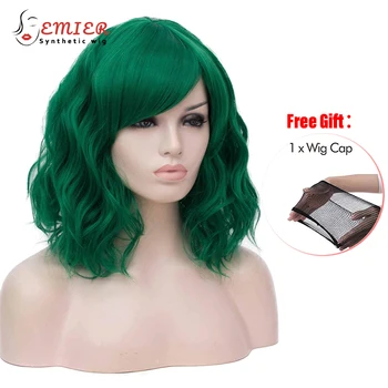 короткие волнистые парики боб с диагональной челкой зеленый кудрявый волна женские парики термостойкие синтетические парики хэллоуин вечеринка косплей парик