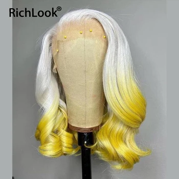 омбре желтый 13x4 прозрачный кружевной фронтальный парик с акцентом на тело волна парик из человеческих волос бразильские парики без гола человеческие волосы для косплея