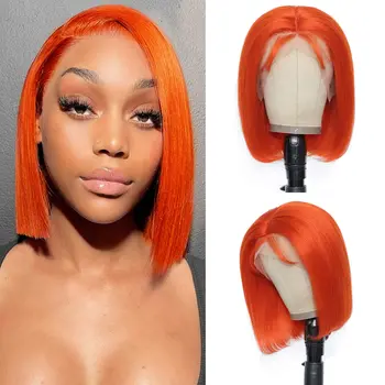 оранжевый цвет короткий боб 13x4 кружевные передние парики для женщин необработанные человеческие волосы прямые прозрачные кружевные лобные парики бразильский реми волосы