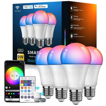  светодиодная умная лампа A19 E26 / E27 Светодиодная лампа с изменением цвета с синхронизацией музыки WiFi и BLE 5.0 RGB Умное домашнее освещение