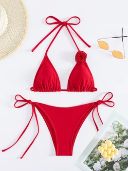 сексуальные 3D комплекты бикини с красным цветком на бретелях из двух частей галстуков с высокой талией, стринги, купальники, купальники, женские купальные костюмы бикини